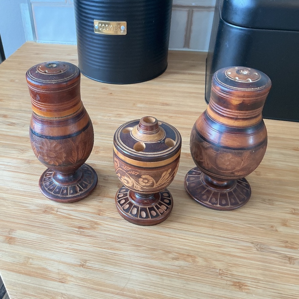 Salt and pepper wood shakers with toothpick holder